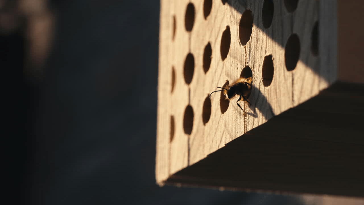 Bee entering a wooden hive, symbolising engineered exit routes