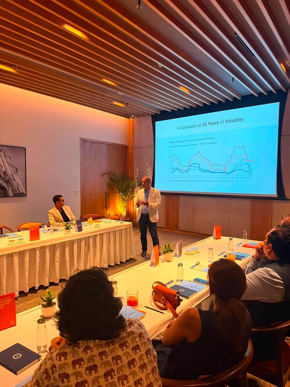 Rohit Bhayana presents the 25 Years of Volatility chart to a seated audience.