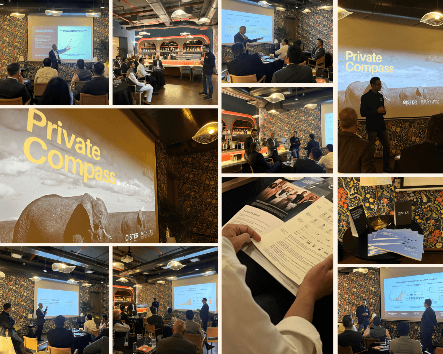 Collage of speakers, attendees, slides, and materials from the Private Compass Mumbai event.